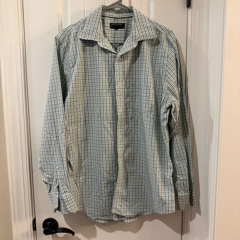 Banana Republic Mens Slim Fit Non Iron Cotton Shirt Blue Green Check 16-16.5 L